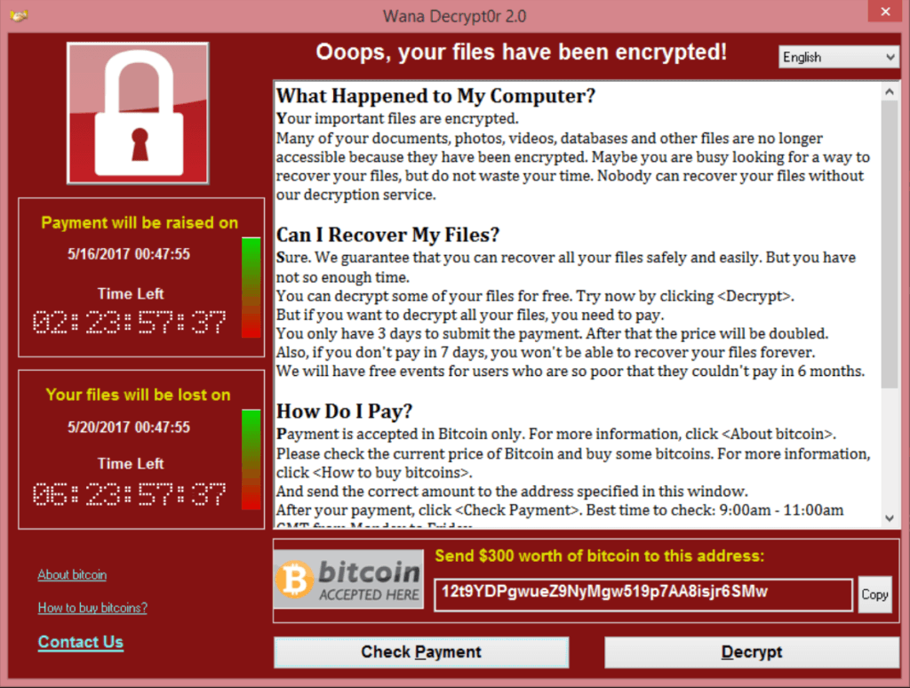 WannaCry Ransomware Screen