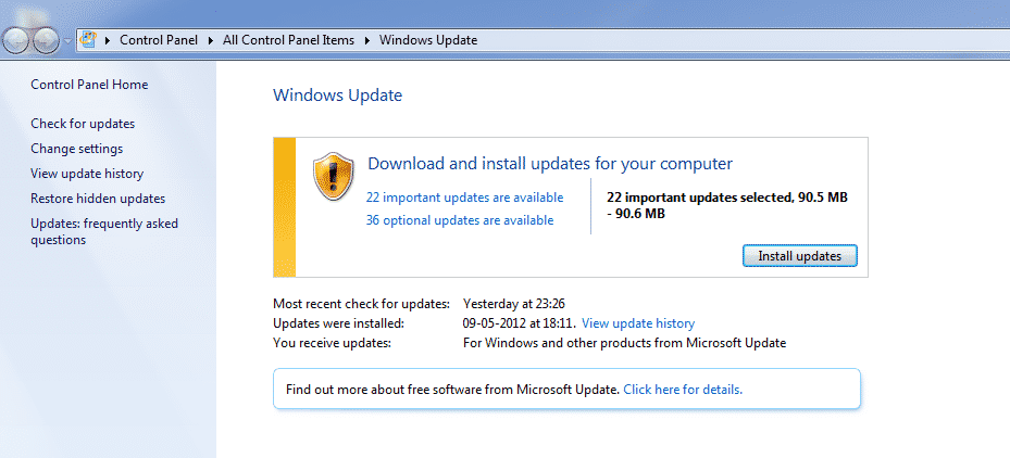 Windows 7 Update Screen